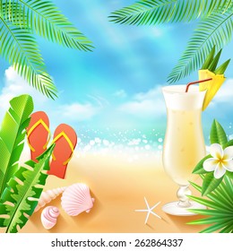 Tropical sea travel background with beach cocktail seashell and slippers vector illustration