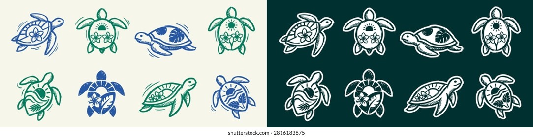 Tropical Sea Turtle Logo Set Hand Drawn Hawaiian Ocean Marine Life Icon Vector with Sun Flower Wave Leaf Polynesian Tribal Tattoo Shell Silhouette Sticker Collection