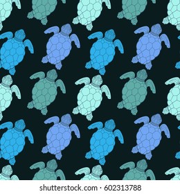 Tropical sea turtle seamless pattern. Beautiful Blue stylized turtles background.