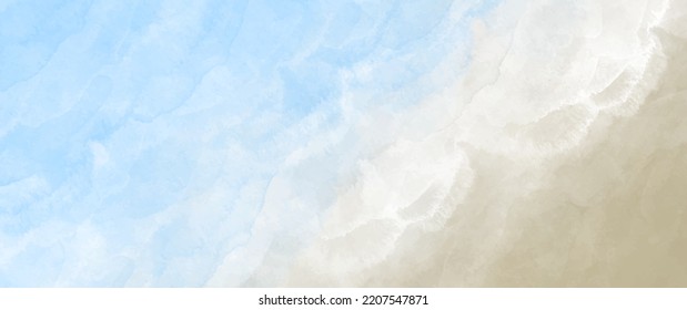 Tropical sea with waves and beach. Vector travel watercolor illustrations with sea beach for cover design, card, flyer, poster, banner and invitation card. Hand drawn summer background. Holiday. Waves