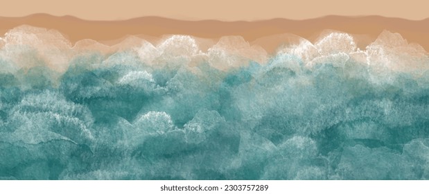 Tropical sea with waves and beach. Vector travel watercolor illustrations with sea beach for cover design, card, flyer, poster, banner and invitation card. Hand drawn summer background. Holiday. Waves