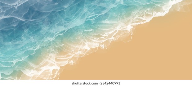 Tropical sea with waves and beach. Vector travel watercolor illustrations with sea beach for cover design, card, flyer, poster, banner and invitation card. Hand drawn summer background. Holiday. Waves