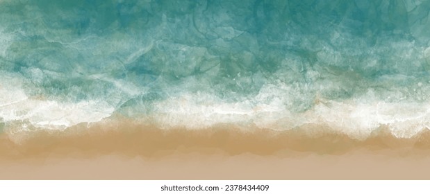 Tropisches Meer mit Wellen und Strand. Vektorgrafiken in Aquarellfarben mit Meeresstrand für Cover-Design, Karte, Flyer, Poster, Banner und Einladungskarte. Handgezeichneter Sommerhintergrund. Urlaub. Wellen