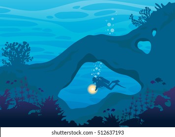 Tropical sea wildlife. Silhouette of coral reef, school of fish, cave and scuba diver on a blue ocean background. Underwater nature. Vector illustration. 