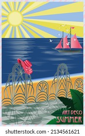 Tropical seafront art deco background, vector illustration	