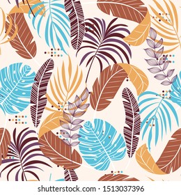 Tropical seamless background with brown and blue leaves and plants on white background. Beautiful seamless vector floral pattern. Jungle leaves seamless vector floral pattern background.