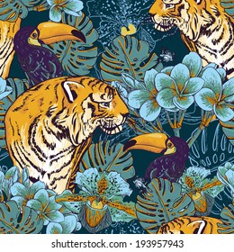 Tropical seamless background with exotic flowers,Toucan and Tiger