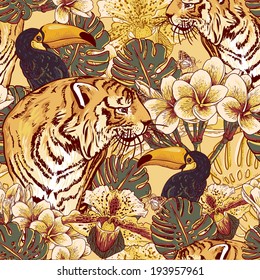 Tropical seamless background with exotic flowers,Toucan and Tiger