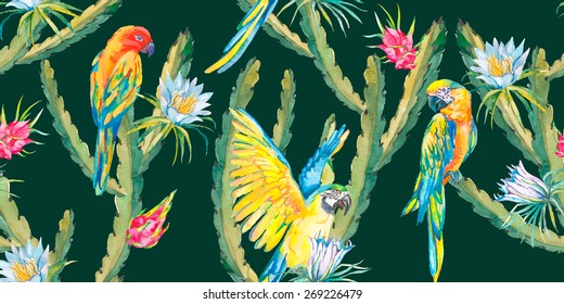 Tropical seamless background exotic flowers,tropical fruits,cactus flowers and parrots. Macaw seamless pattern. Vector.