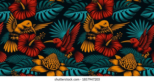 Tropical seamless background with exotic plants and beautiful birds, this design can be used as a fabric print as well as for many other uses