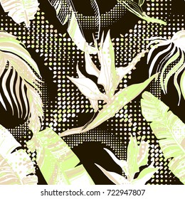 Tropical seamless background. Hand drawn vector pattern with banana leaves, exotic flowers, tropical plants. Stylish background for textile, wallpaper, pattern fills, covers, surface, print, wrapping