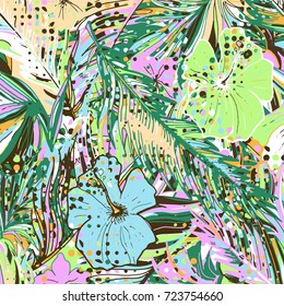 Tropical seamless background. Hand drawn vector pattern with palm leaves, tropical plants.