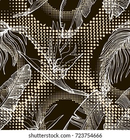 Tropical seamless background. Hand drawn vector pattern with palm leaves, tropical plants.