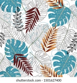 Tropical seamless background with large green leaves on beige background. Printing on Wallpaper, fabric, textiles. Trendy ornament. Botanical seamless pattern. Vector template.