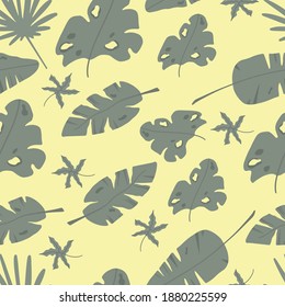 Tropical seamless background. Large leaves on yellow. Vector illustration in cartoon style. For printing, postcards, clothing, gift paper