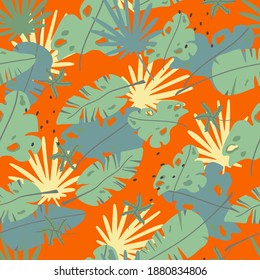 Fondo tropical transparente. Hojas grandes en naranja. Ilustración vectorial al estilo de las caricaturas. Para imprimir, postales, ropa, papel de regalo