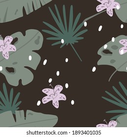 Tropical seamless background. Large leaves on black. Vector illustration in cartoon style. For printing, postcards, clothing, gift paper