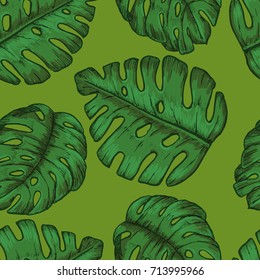 Tropical seamless background with tropical leaves. Exotic Vector design.