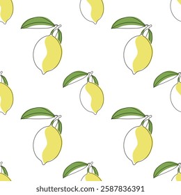 Tropical seamless background with line art lemons. Citrus repeating pattern. Vector print.