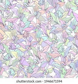 Tropischer, nahtloser Hintergrund aus mehrfarbigen Blumen. Frisch dekorierte Vanille und Lilienblumen für Bettwäsche und hausgemachten Teig.
