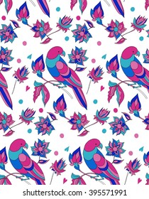 Tropical seamless background pattern with birds and fantasy flowers hand drawn. Vector illustration.