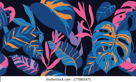 Tropical seamless background pattern vector. Fashionable exotic plants and leaves wallpaper.