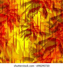 Tropical seamless background with red and brown silhouettes of palm trees on a yellow background. Botanical illustration.