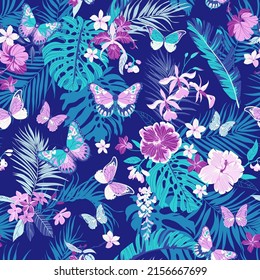 Tropical seamless background with simple flowers