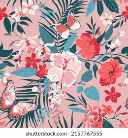 Tropical seamless background with simple flowers