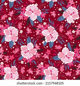 Tropical seamless background with simple flowers