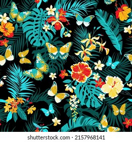 Tropical seamless background with simple flowers