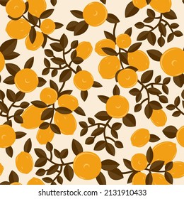 Tropical seamless background with yellow lemons and brown leaves.  Fruit repeat background.  Vector bright print for fabric or wallpaper.