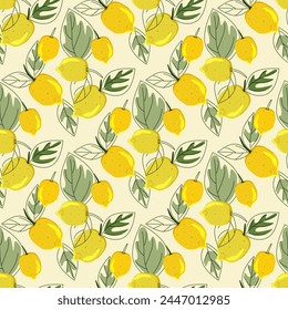 Fondo tropical sin costuras con limones amarillos. Limones dibujados a mano que repiten el fondo en doodle style.Design para imprimir en telas, vacaciones y envases de confitería, Fondo de pantalla, embalaje 