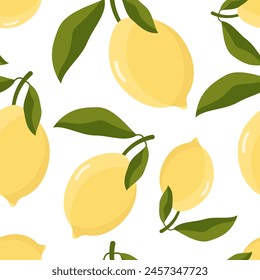 Tropical seamless background with yellow lemons. Citrus repeating pattern. Vector print.