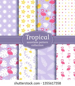 Tropical seamless backgrounds with flamingos, leaves, flowers and abstract patterns. Vector set.