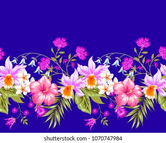 Tropical seamless border with decorative elements and orchids