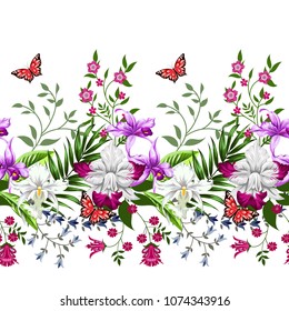 Tropical seamless border with decorative elements and orchids