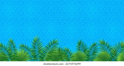 Tropical seamless border frame vector illustration. Rainforest foliage repeated wallpaper. Swimming pool endless pattern. Jungle plants template banner with tropic palm leaf, monstera