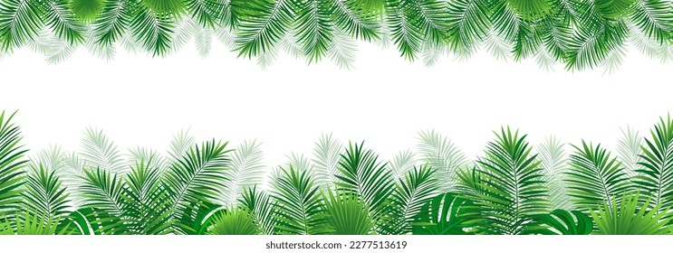 Tropical seamless border frame. vector illustration. Rainforest foliage repeated wallpaper. Jungle plants template banner. Green template pattern with tropic palm leaf, monstera. Summer background.