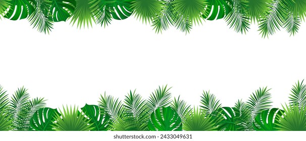 Marco de borde tropical sin costuras. ilustración vectorial. Papel pintado repetido de follaje tropical. Banner de plantilla de paisaje de plantas de selva. Patrón verde con hoja de palma tropical, monstruos. Fondo de verano