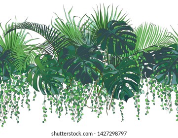 Tropical seamless border leaves foliage plant bush floral arrangement nature backdrop isolated white background   Vector watercolor realistic illustration