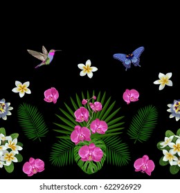 Tropical seamless border with nature elements. Tropic floral wallpaper isolated on black background. Exotic textile print.