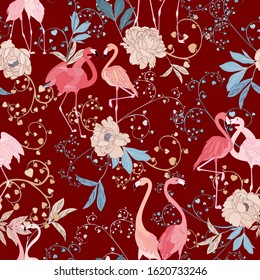 Tropical Seamless Botanical Flamingo Wallpaper Vector Design