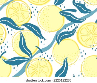 Tropical seamless bright light pattern with fresh lemons for fabric, label drawing, t-shirt print, kids room wallpaper, fruit background. Slices on an isolated white hand drawn background.