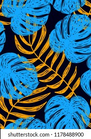 Tropical seamless ethnic pattern with exotic leaves. Hawaiian floral design. Summer background for cards, invitations, apartments, wallpapers. Vector illustration.Neon tropical leaves.