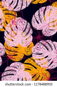 Tropical seamless ethnic pattern with exotic leaves. Hawaiian floral design. Summer background for cards, invitations, apartments, wallpapers. Vector illustration.Neon tropical leaves.