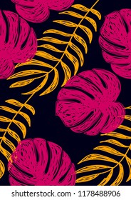 Tropical seamless ethnic pattern with exotic leaves. Hawaiian floral design. Summer background for cards, invitations, apartments, wallpapers. Vector illustration.Neon tropical leaves.