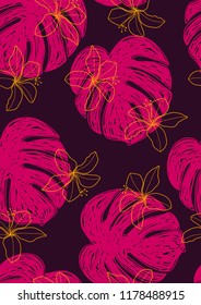 Tropical seamless ethnic pattern with exotic leaves. Hawaiian floral design. Summer background for cards, invitations, apartments, wallpapers. Vector illustration.Neon tropical leaves.
