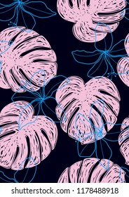 Tropical seamless ethnic pattern with exotic leaves. Hawaiian floral design. Summer background for cards, invitations, apartments, wallpapers. Vector illustration.Neon tropical leaves.