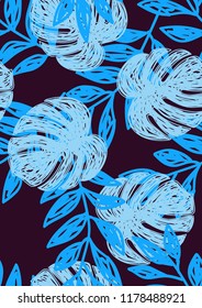 Tropical seamless ethnic pattern with exotic leaves. Hawaiian floral design. Summer background for cards, invitations, apartments, wallpapers. Vector illustration.Neon tropical leaves.